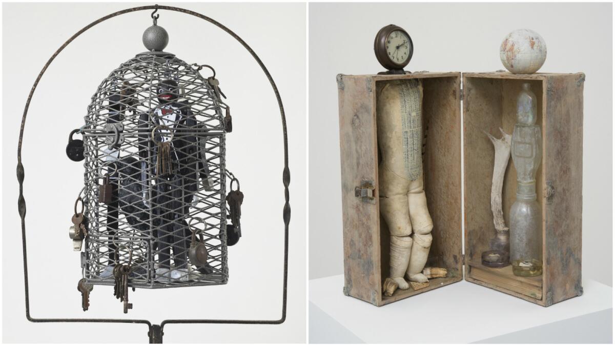 Betye Saar's "Serving Time," 2010, left, and "Searching for a Vision of Truth," 2016. (Brian Forrest and Robert Wedemeyer / Betye Saar, Roberts & Tilton)
