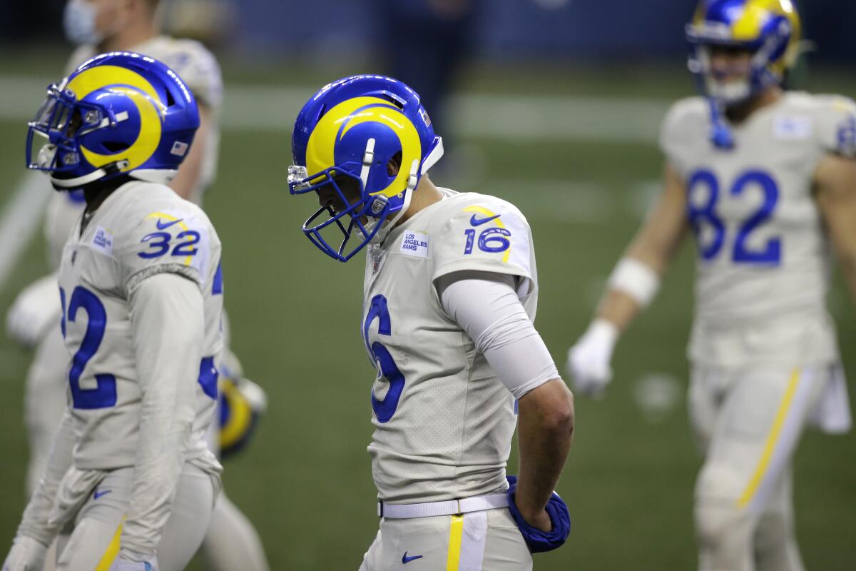Rams quarterback Jared Goff (16) walks off the field during a loss to Seattle in December.