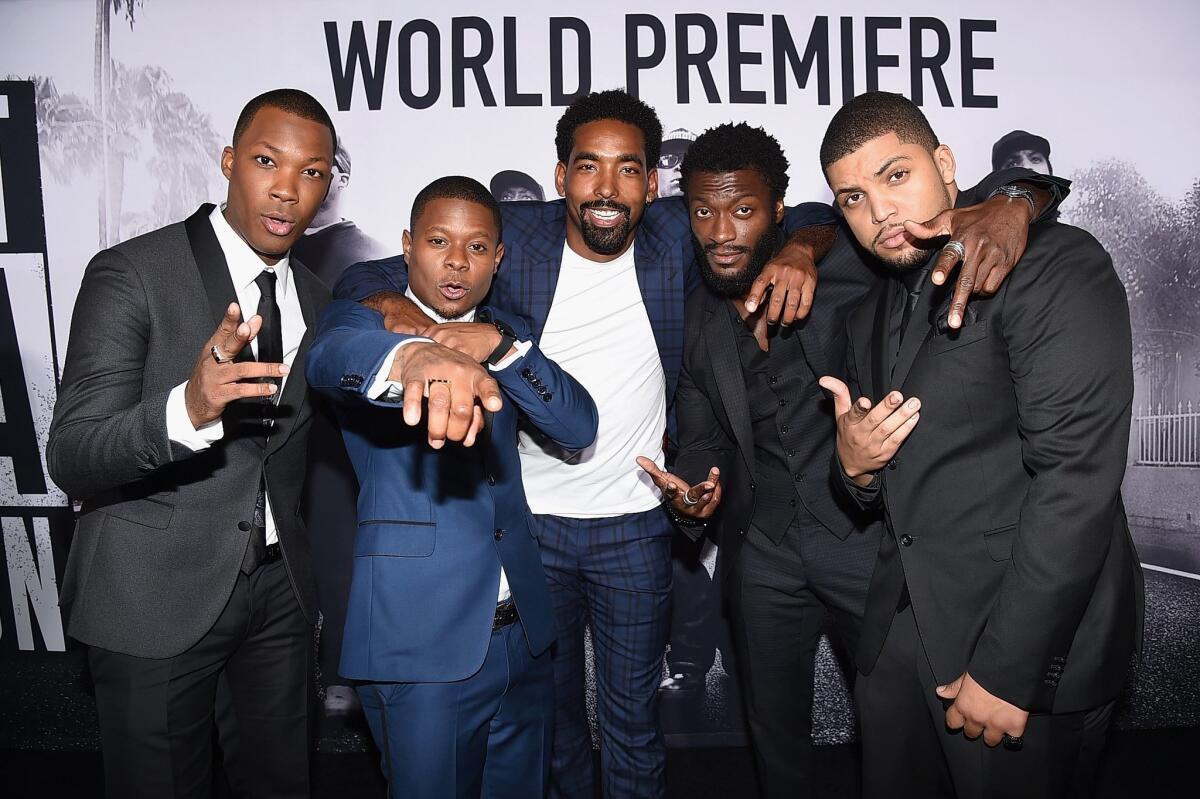 From left, actors Corey Hawkins, Jason Mitchell, Marlon Yates, Jr., Aldis Hodge, and O'Shea Jackson, Jr. gather as a crew.