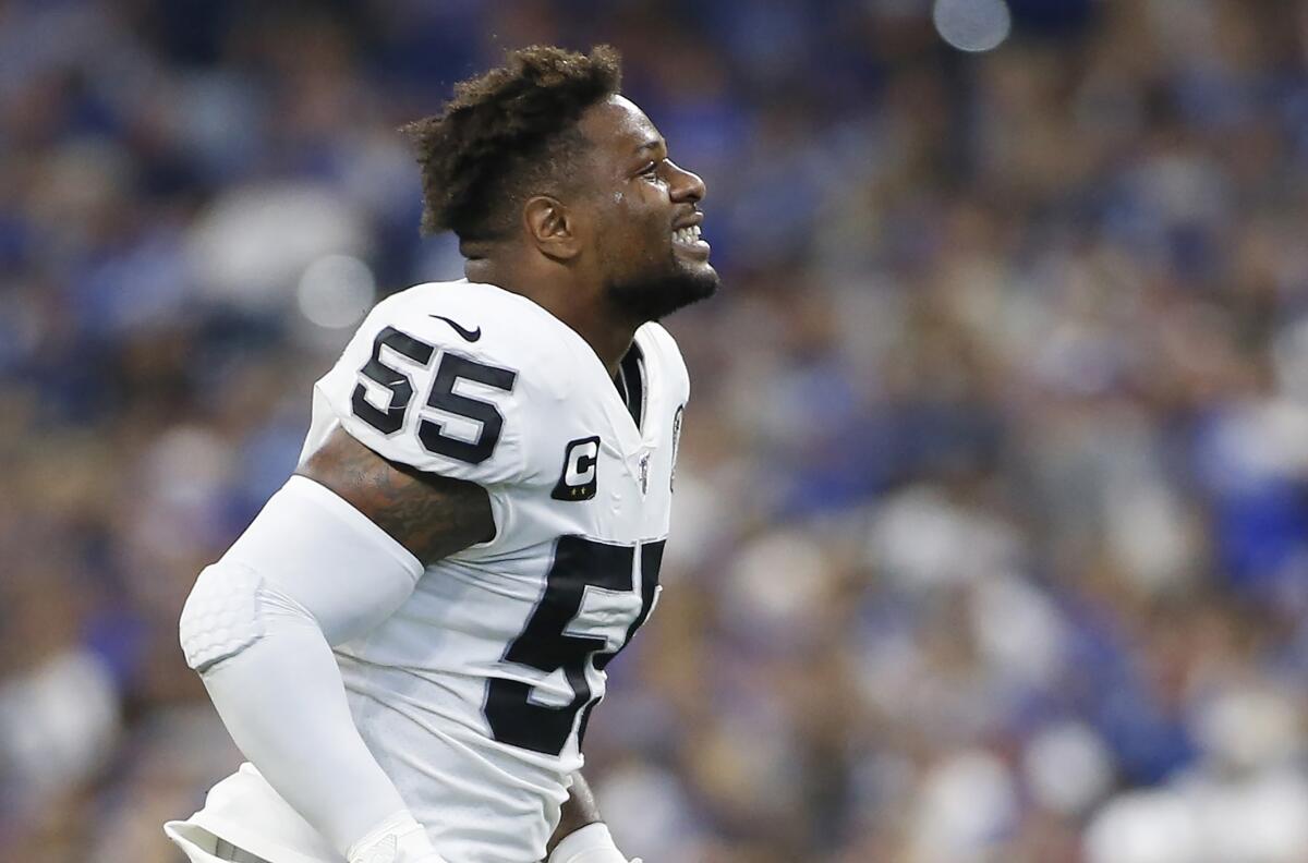 Oakland Raiders linebacker Vontaze Burfict is ejected after a helmet-to-helmet hit on Indianapolis Colts tight end Jack Doyle on Sunday at Lucas Oil Stadium.