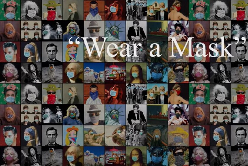 This collage of iconic figures wearing face masks was created by David Rees and Sha Na Na's Jocko Marcellino.