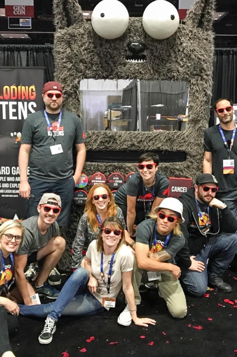 Exploding Kittens team at vending machine
