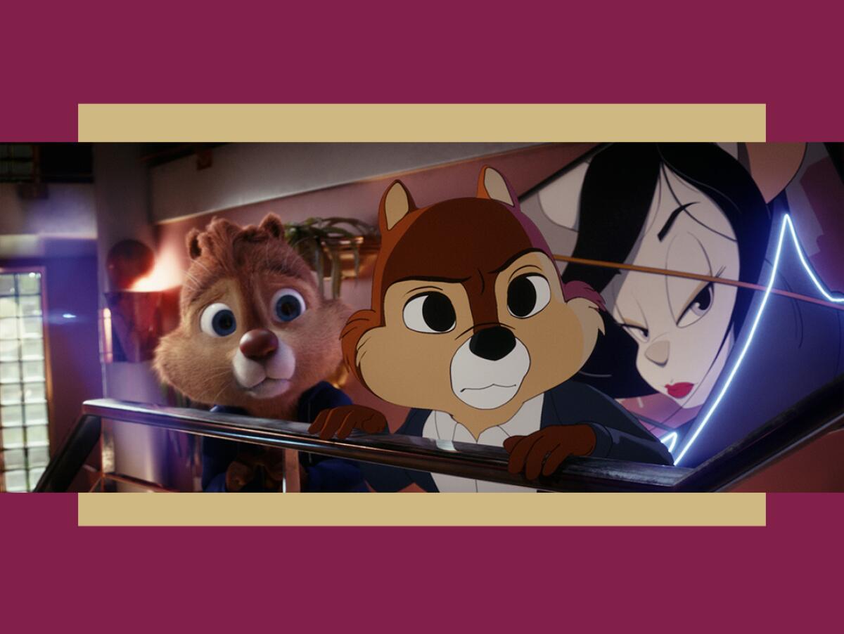 Animated chipmunks Chip and Dale look over a railing with concerned expressions.