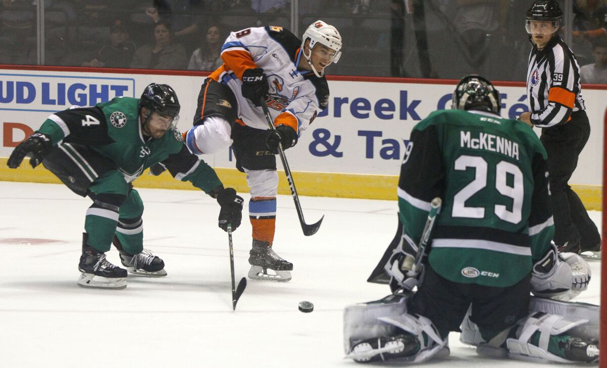 The Gulls' Kevin Roy takes a shot at the goal, guarded by Texas Stars' goalie Mike McKenna during the third period at the Valley View Casino Center.
