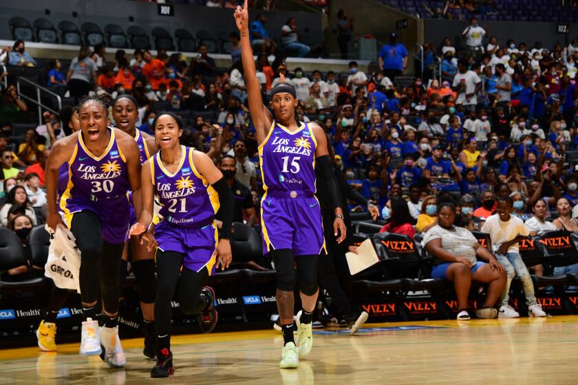 LOS ANGELES, CA - JULY 21: The Los Angeles Sparks celebrate during the game against the Atlanta Dream on July 21, 2022 at Crypto.com Arena in Los Angeles, California. NOTE TO USER: User expressly acknowledges and agrees that, by downloading and/or using this Photograph, user is consenting to the terms and conditions of the Getty Images License Agreement. Mandatory Copyright Notice: Copyright 2022 NBAE (Photo by Adam Pantozzi/NBAE via Getty Images)