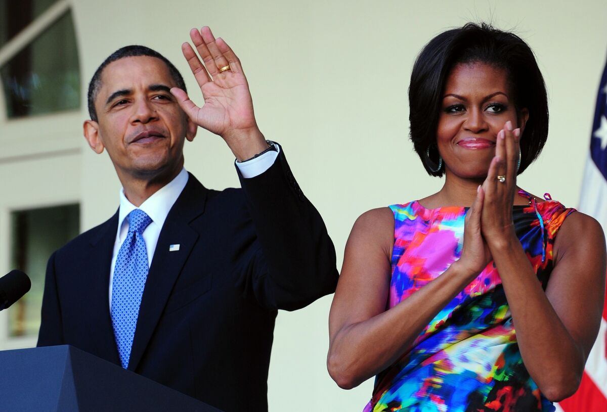 President Obama and First Lady Michelle Obama at the 2010 Cinco de Mayo celebration in the White House Rose Garden.