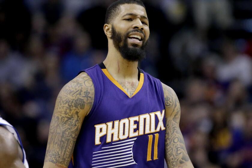 Phoenix's Markieff Morris reacts to a call during a game against the Golden State Warriors on Feb. 10.