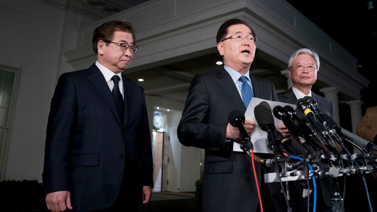 South Korean intelligence chief Suh Hoon, left, national security director Chung Eui-yong and Ambassador to United States Cho Yoon-je at the White House on Thursdsay.