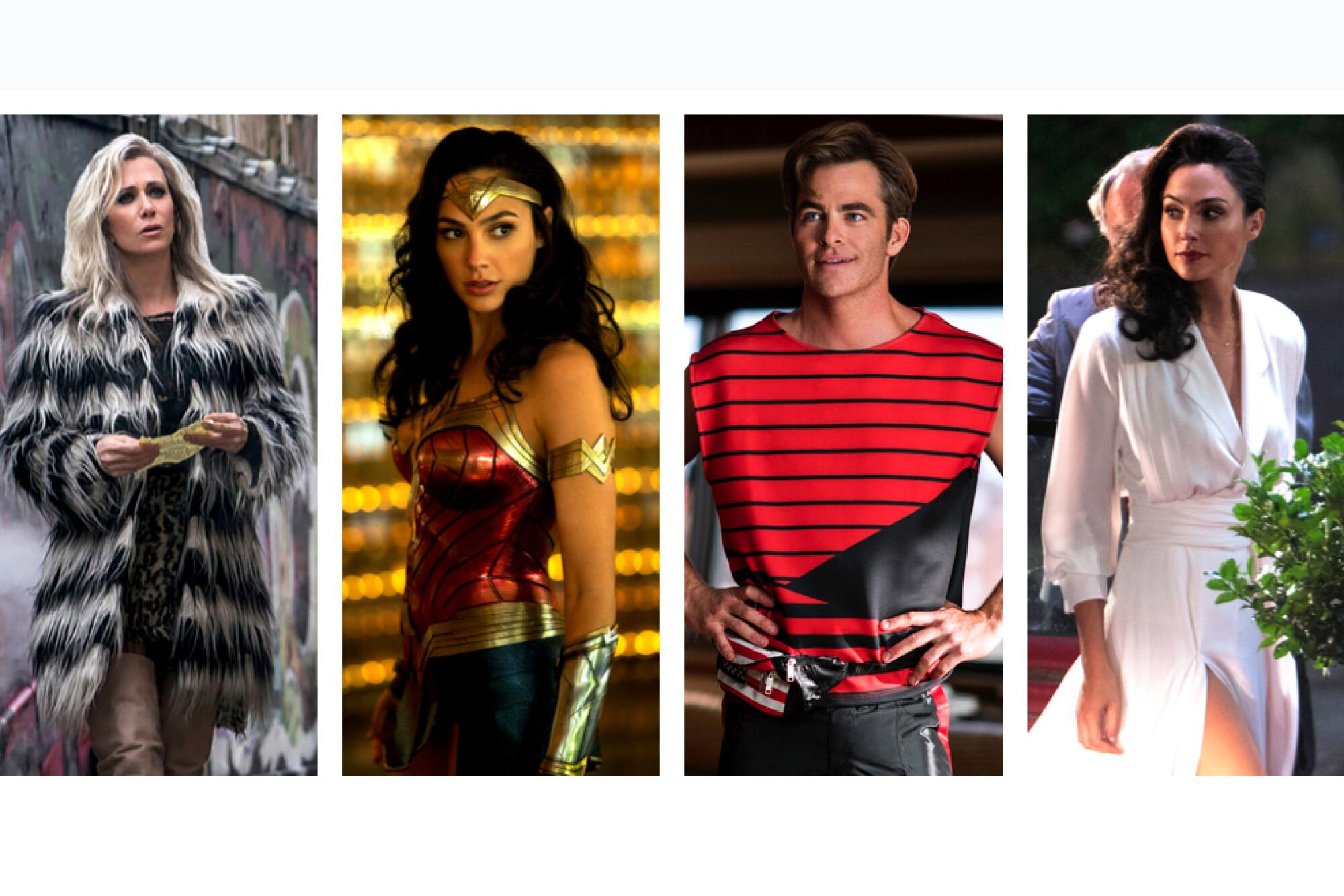 Costumes from "Wonder Woman 1984" with Kirsten Wiig, Gal Gadot, and Chris Pine.