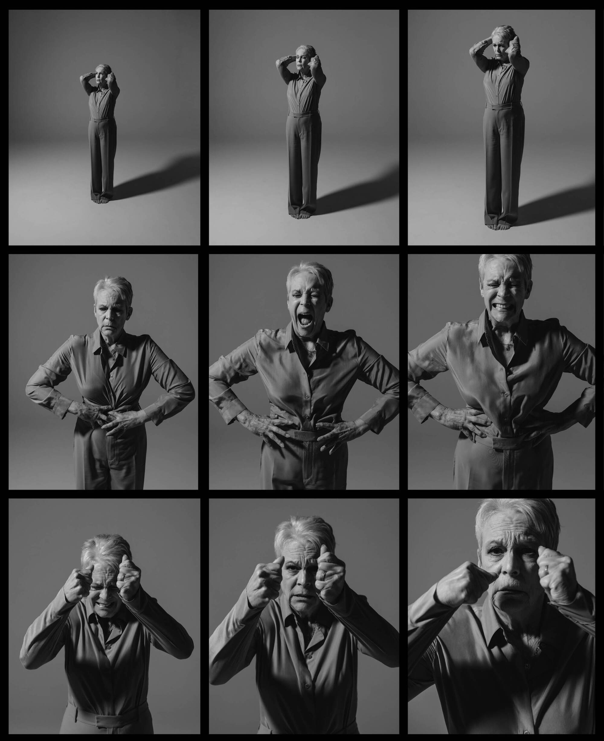 A grid of nine black-and-white images shows Jamie Lee Curtis going through a range of emotions, none of them pleasant.