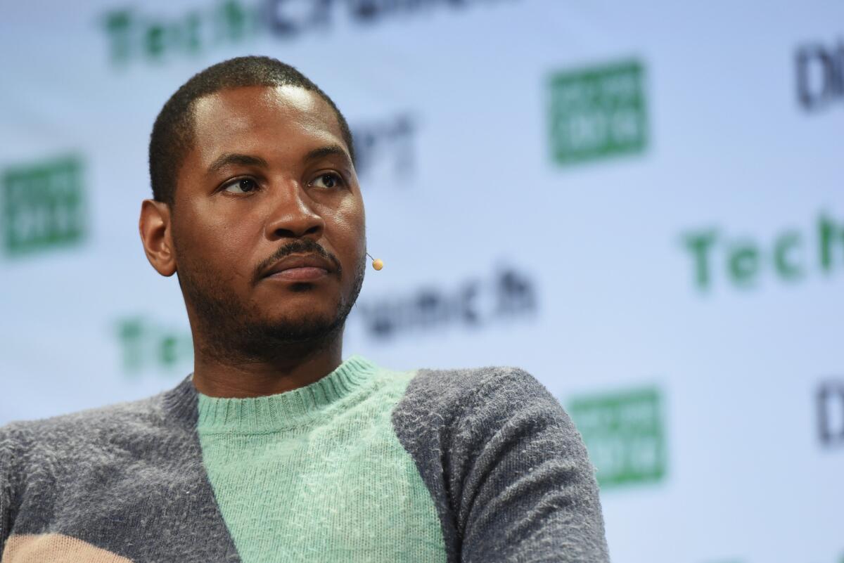 Knicks forward and co-founder of Melo7 Tech Partners, Carmelo Anthony, speaks onstage during TechCrunch Disrupt NY 2016 at Brooklyn Cruise Terminal on May 11.