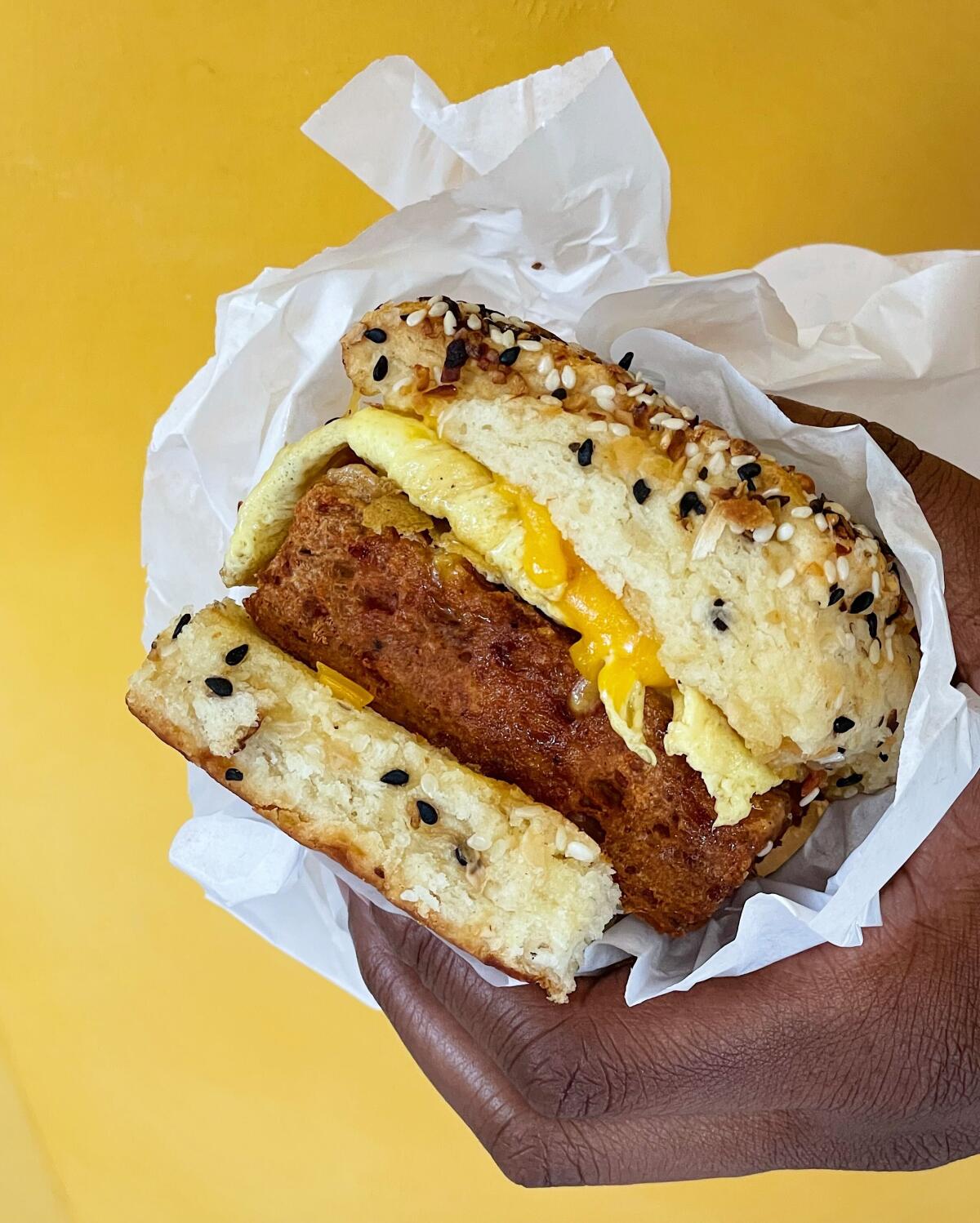 A breakfast sandwich of eggs, cheese and chicken sausage  at Auntie Beulah’s.