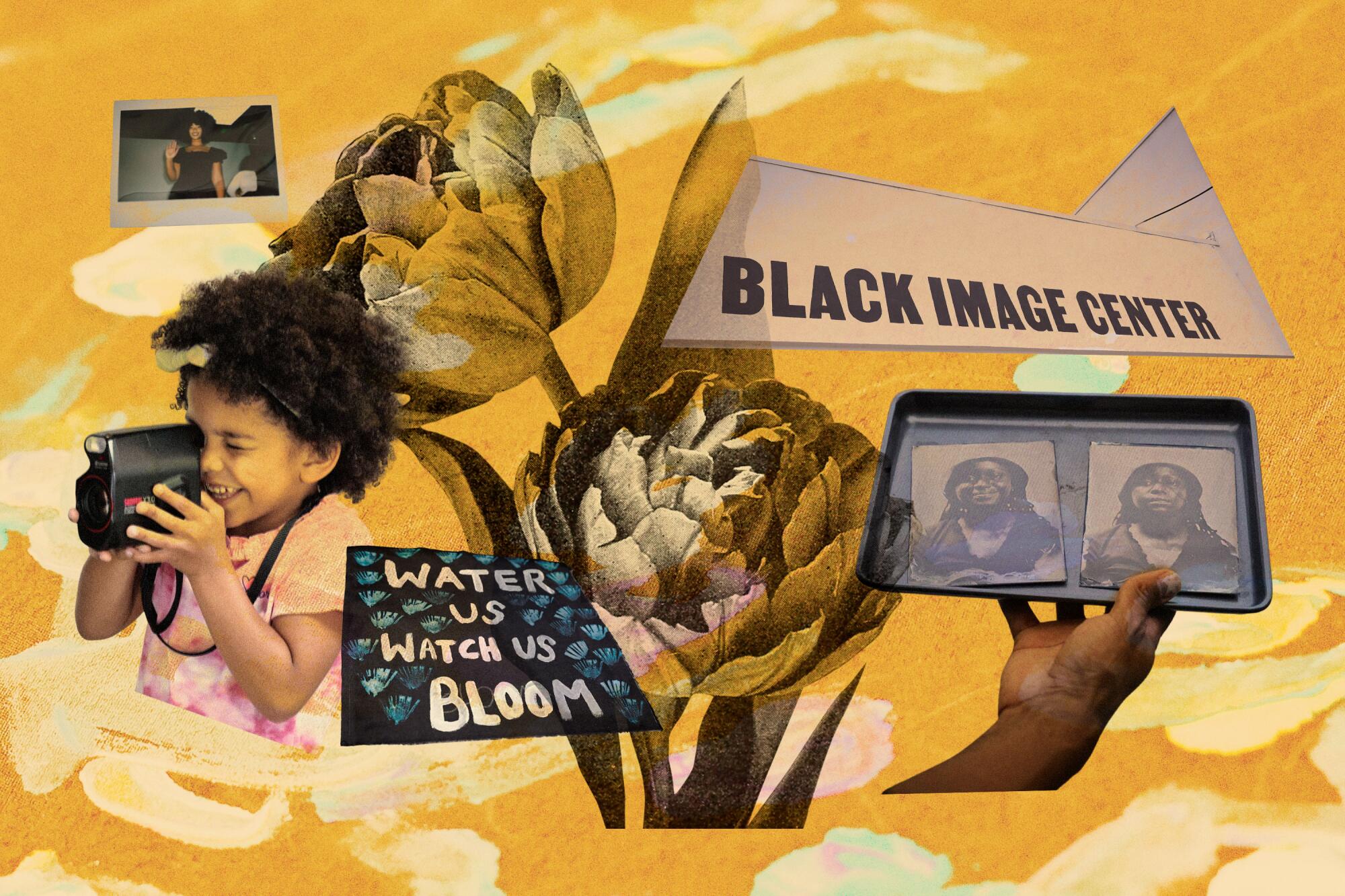 A collage of a girl with a camera, photos in a tray, flowers and the words "Black Image Center."