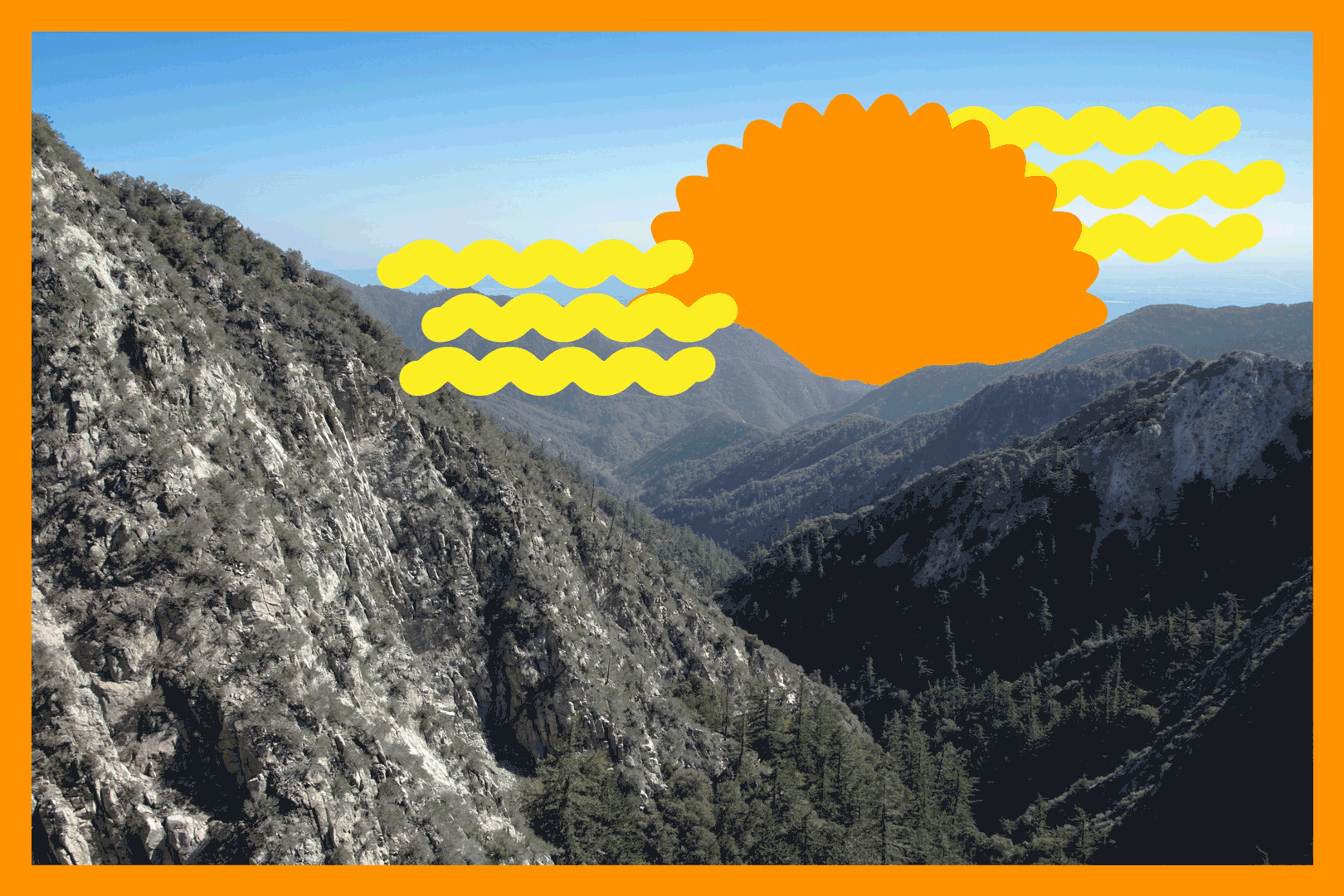 An animated sun beams yellow rays of sunlight over hills and a canyon.