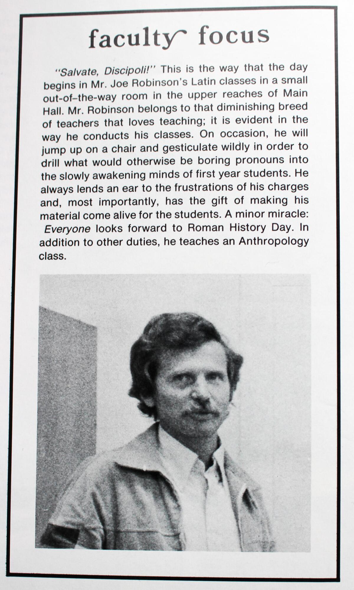 A snippet from Newport Harbor's yearbook in 1980 talking about Joe Robinson and his classes.