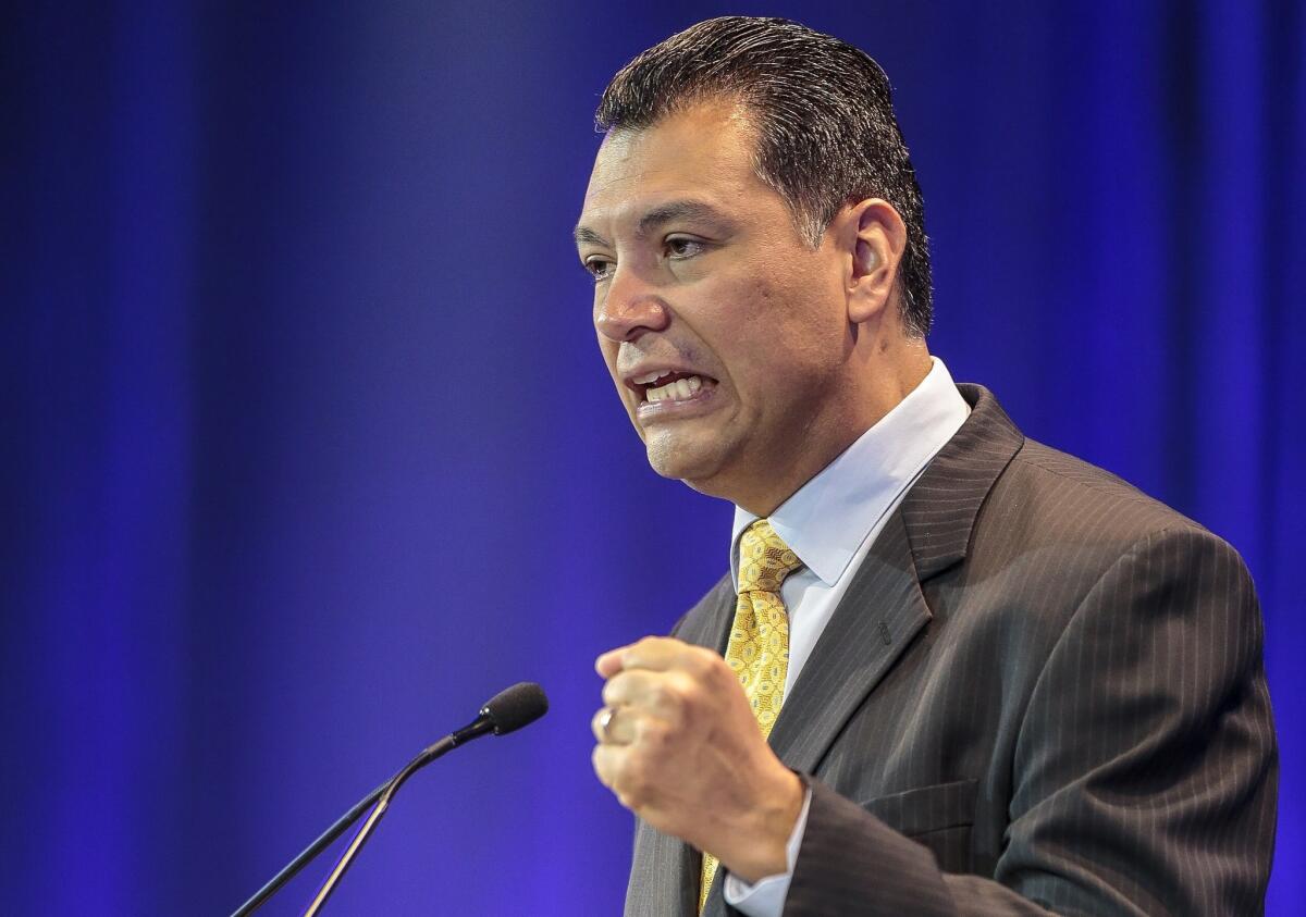 California Secretary of State Alex Padilla greets supporters at the California Democrats State Convention in Anaheim in May. Padilla's recent decision restores voting rights to thousands of former inmates who are serving out their sentences under county supervision.
