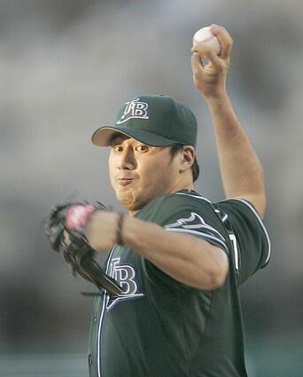 Tampa Bay pitcher Jae Seo delivers a pitch during the game.