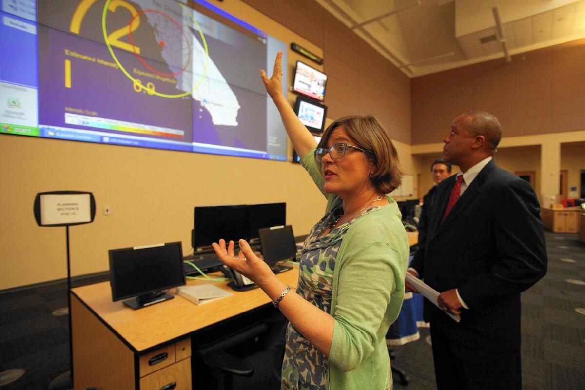 Lucy Jones of the U.S. Geological Survey discusses California's earthquake early-warning system in April. Jones is recognized across Southern California for her ability to explain earthquakes to the general public.