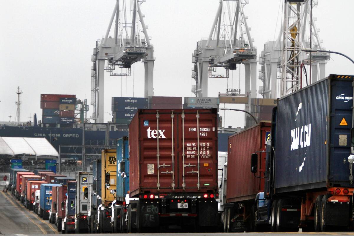 Trucks wait to enter the Port of Long Beach.