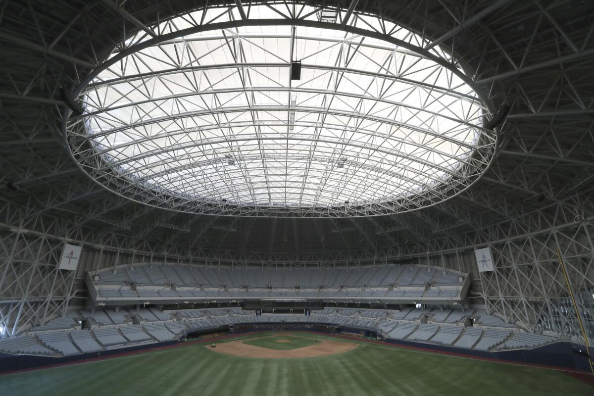 A general view of the Gocheok Sky Dome from outfield is seen in Seoul, South Korea, Monday, Jan. 16, 2017. The Gocheok Sky Dome will be the venue for the first round Pool A matches of the upcoming 2017 World Baseball Classic which will be held from March 6-10. (AP Photo/Lee Jin-man)