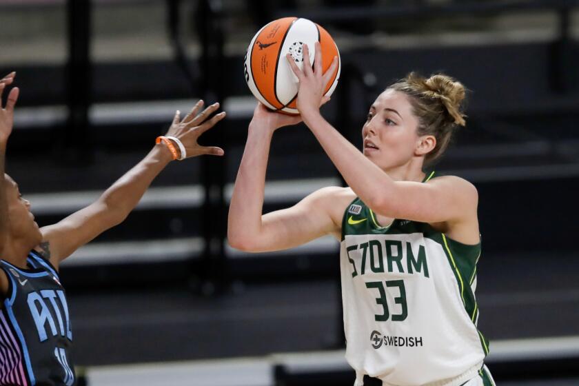 Seattle Storm forward Katie Lou Samuelson shoots against the Atlanta Dream during the first half of their game