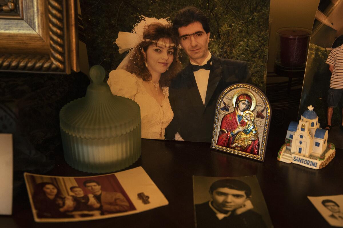 A wedding photograph from 1990 of Marina Papazyan and her husband, Oganes, is displayed at the family home in Burbank.  