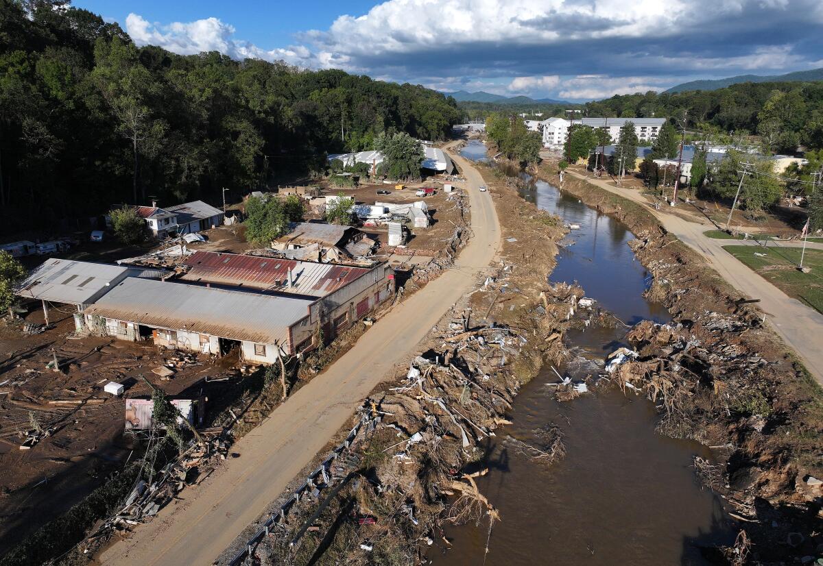 Aerial view of flood damage along a river