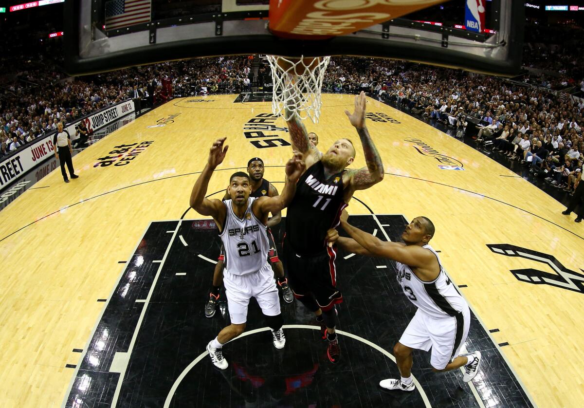 Chris Andersen of the Miami Heat goes to the basket against the San Antonio Spurs.