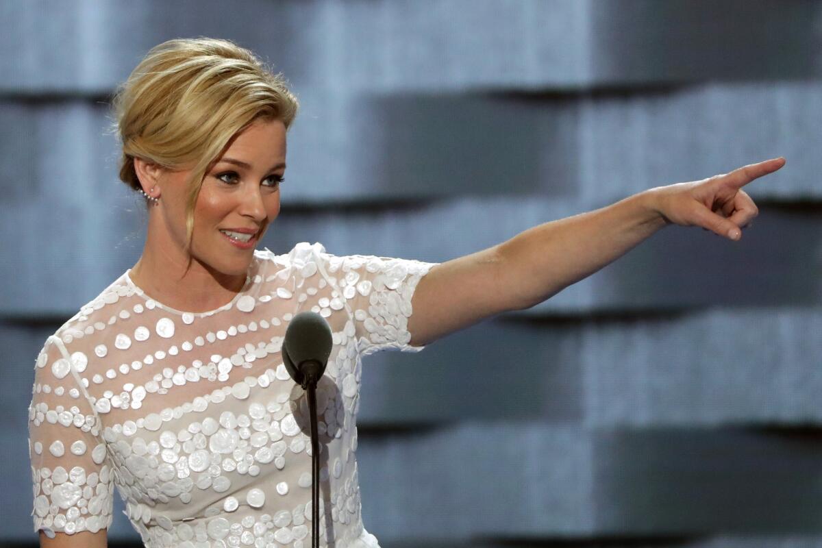 Actress Elizabeth Banks delivers remarks during the second day of the Democratic National Convention at the Wells Fargo Center on July 26, 2016, in Philadelphia.