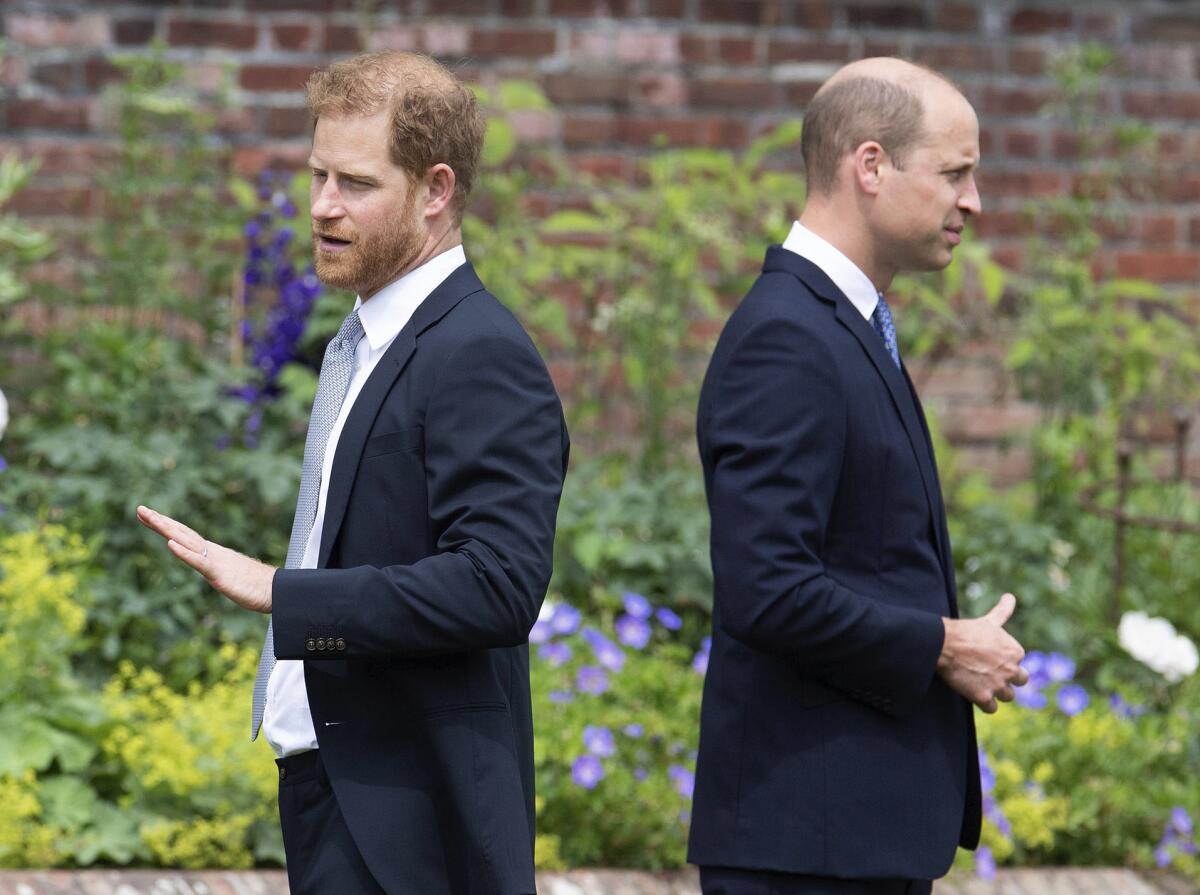 A red-haired man in a dark suit and a bald man in a dark suit face away from each other in a garden