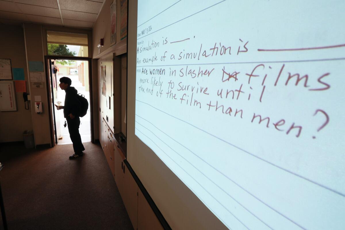 A data science classroom with writing on a board at San Gabriel High School is seen last month.