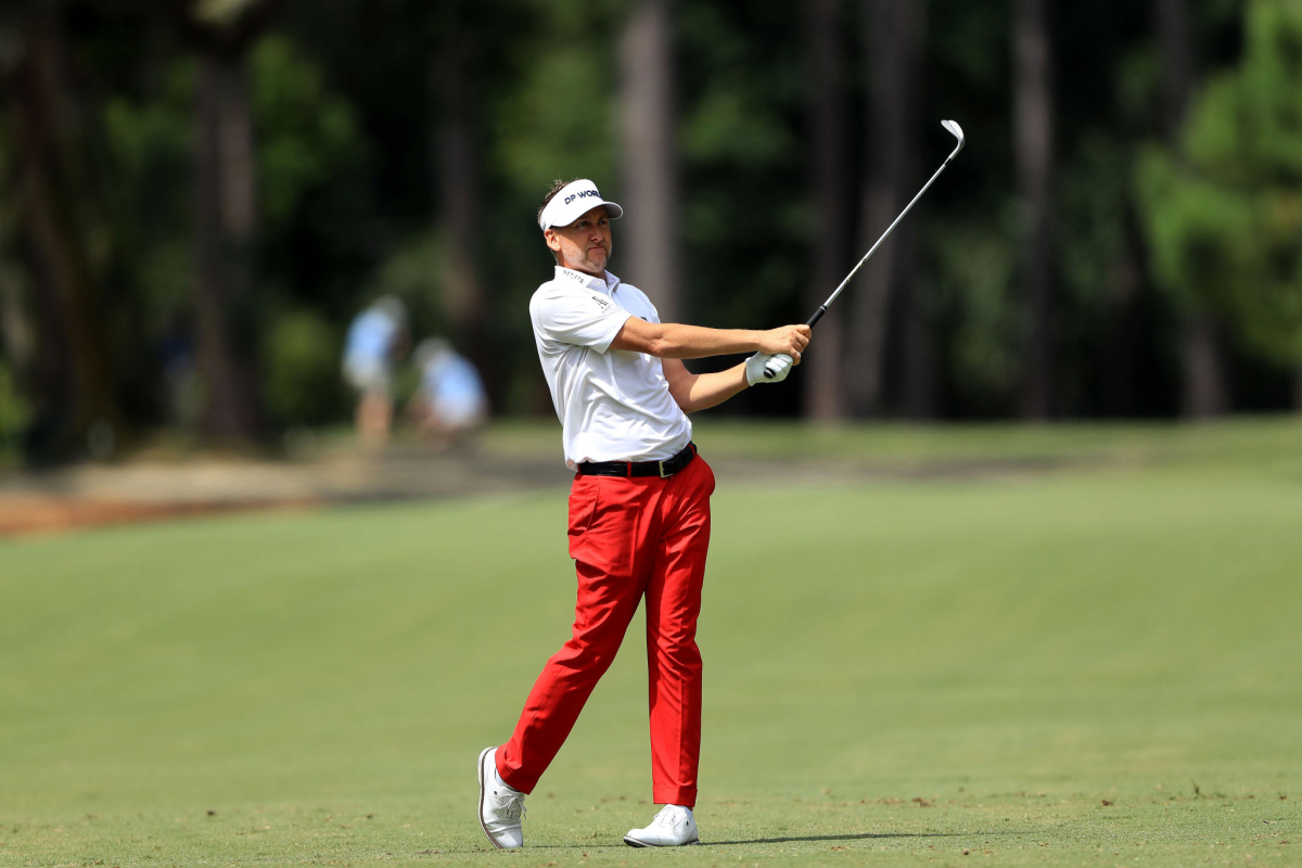 Ian Poulter plays his third shot on the 15th hole during the first round of the RBC Heritage.