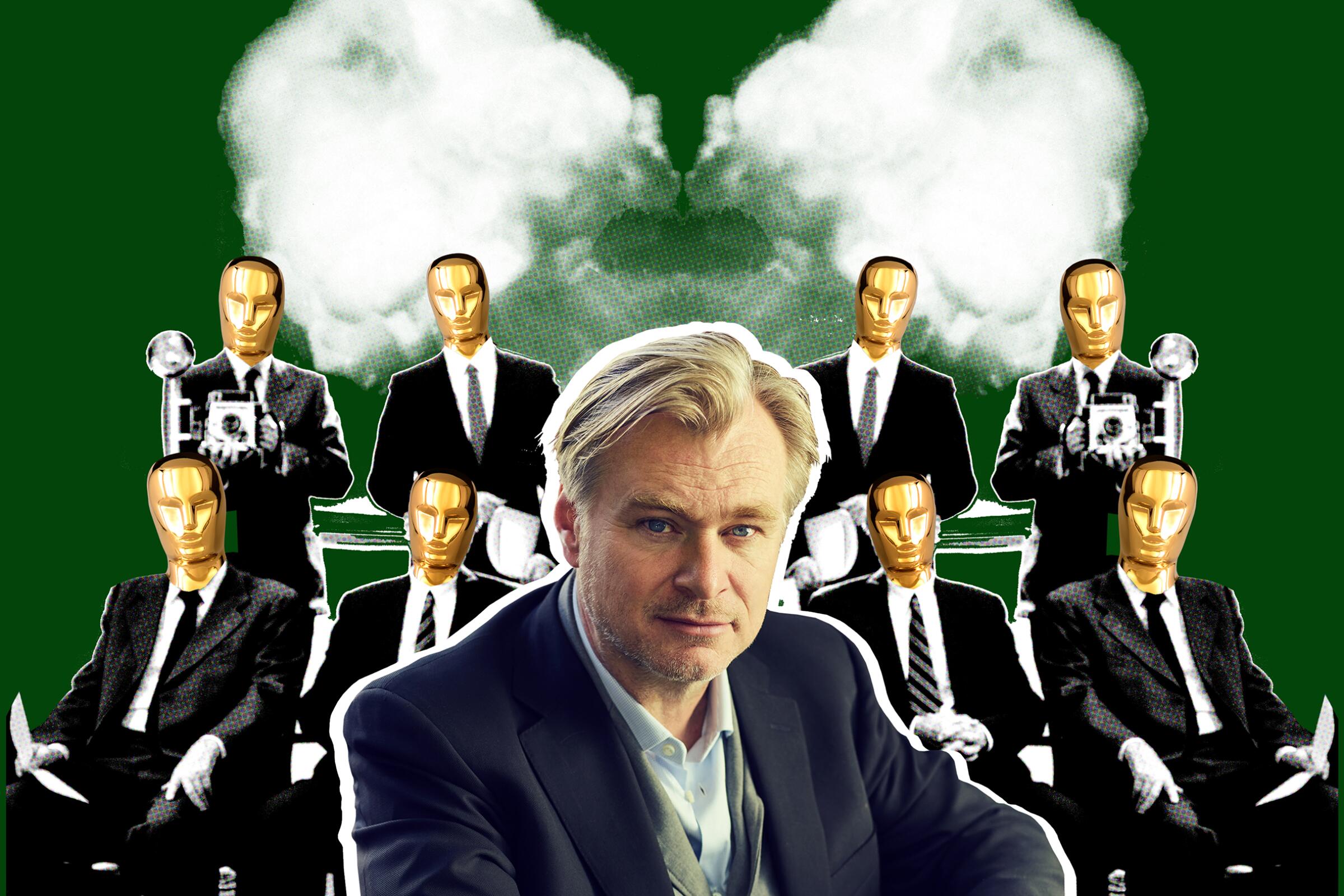 An illustration shows Christopher Nolan in front of black-suited men with Oscar faces.