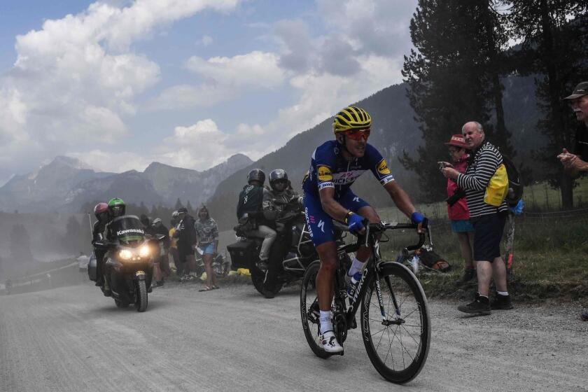 France's Julian Alaphilippe rides in the ascent of the Plateau des Glieres during the tenth stage of the 105th edition of the Tour de France cycling race between Annecy and Le Grand-Bornand, French Alps, on July 17, 2018. / AFP PHOTO / Jeff PACHOUDJEFF PACHOUD/AFP/Getty Images ** OUTS - ELSENT, FPG, CM - OUTS * NM, PH, VA if sourced by CT, LA or MoD **