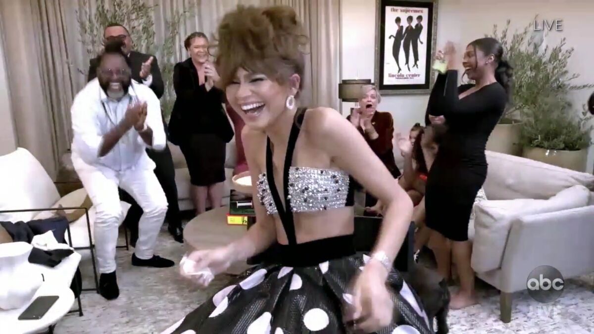 Zendaya celebrates winning the Emmy for lead actress in a drama series for "Euphoria."