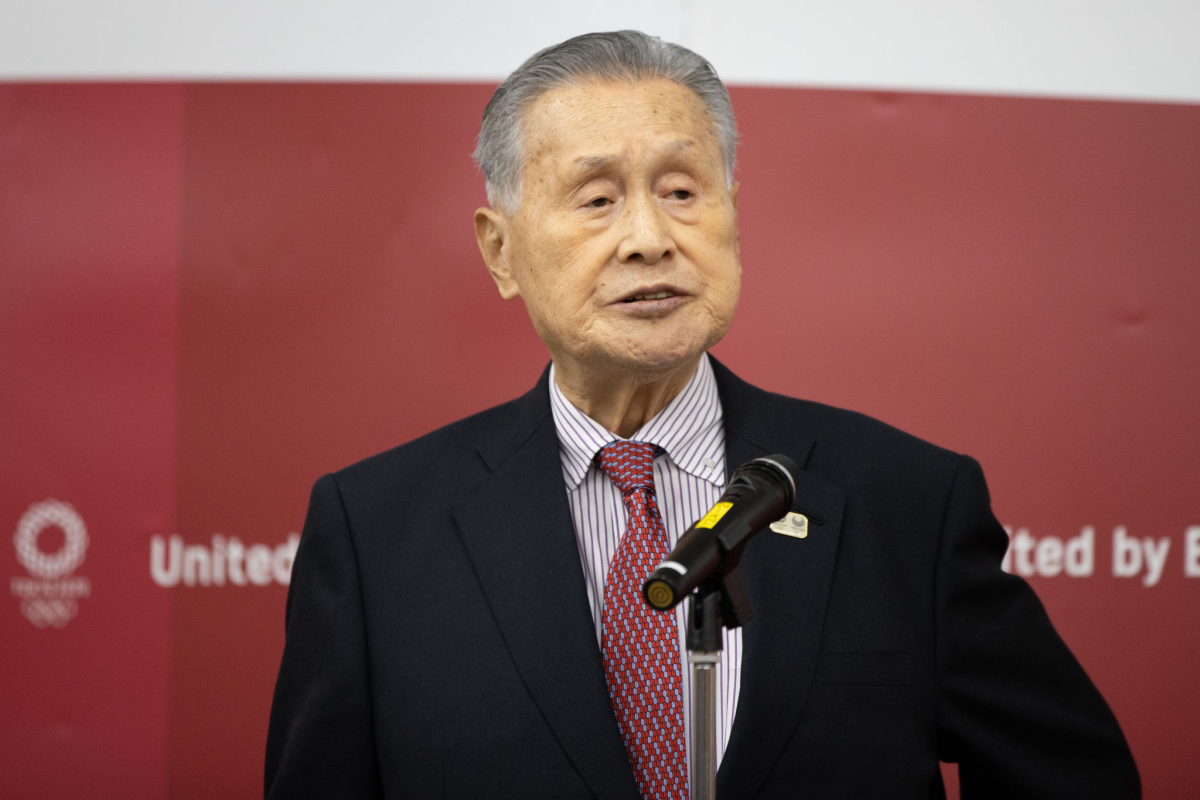 Yoshiro Mori, president of the Tokyo Olympic and Paralympic Games Organizing Committee, speaks during a videoconference.