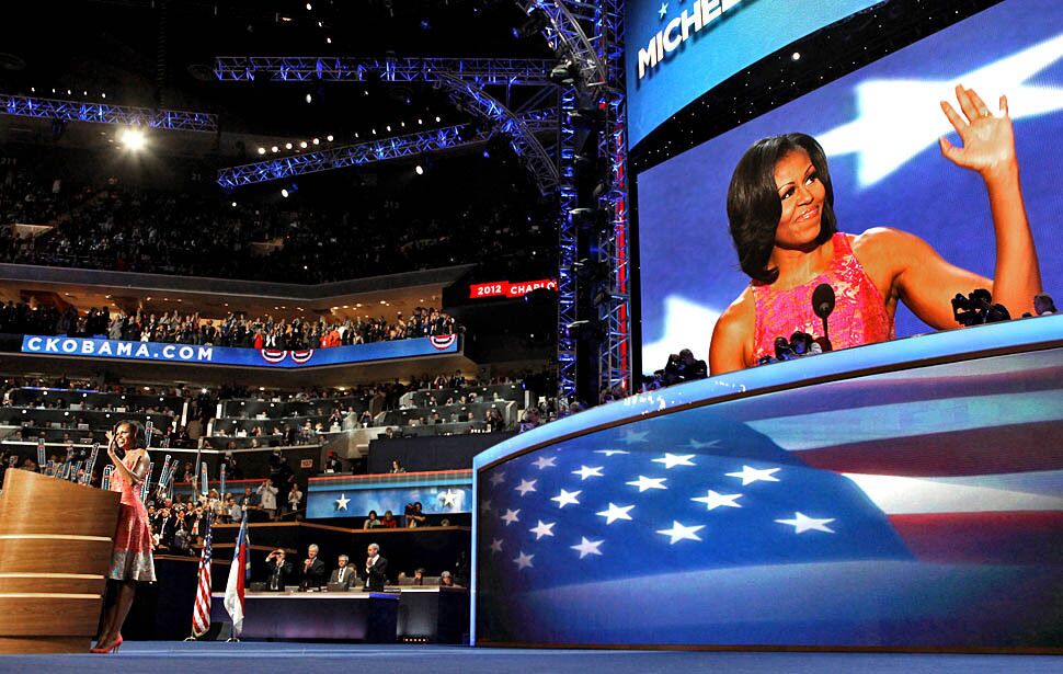 First Lady Michelle Obama addresses the delegates during opening night ceremonies of the Democratic National Convention at the Time Warner Cable Arena in Charlotte, N.C.