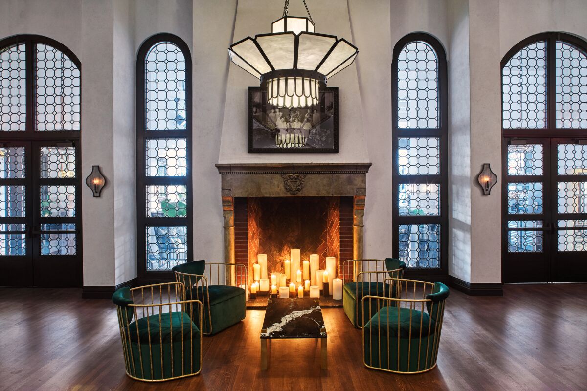 The fireplace and chairs at the Hotel Figueroa in downtown L.A.