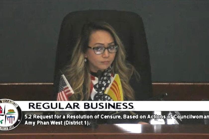 Amy Phan West make her case against censure during the June 12 Westminster City Council meeting