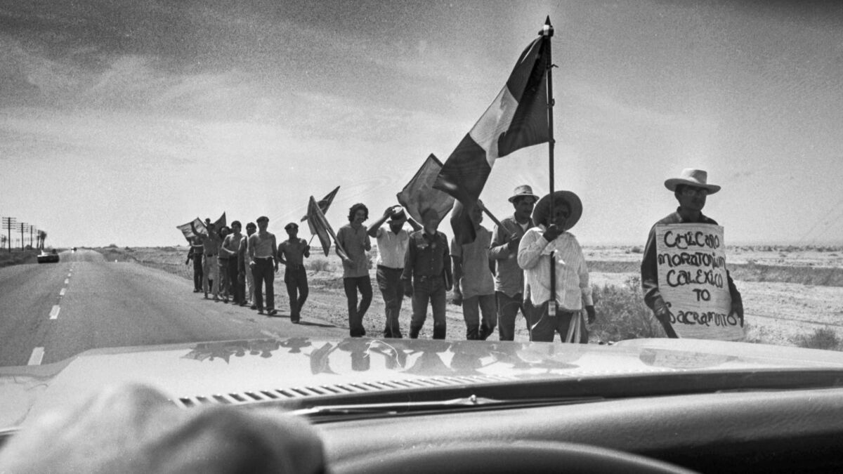 May 12, 1971: Chicanos marching along a desert road near the Salton Sea during a protest march from Calexico to Sacramento. 