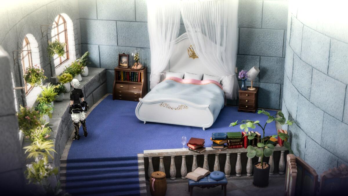 A diorama of a miniature bedroom in a castle with canopy bed, multiple plants and books.
