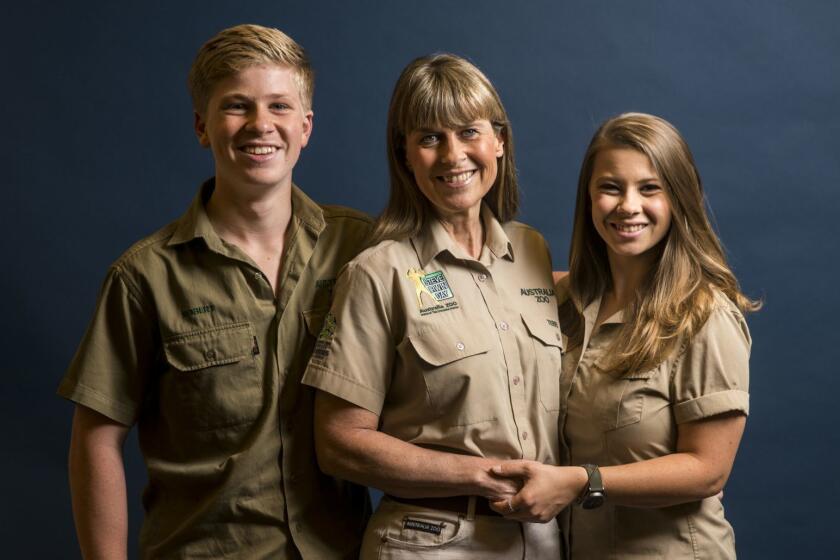 BEVERLY HILLS, CALIF. - SEPTEMBER 18: Robert Irwin, Terri Irwin, and Bindi Irwin pose for a portrait at the SLS Hotel on Tuesday, Sept. 18, 2018 in Beverly Hills, Calif. The Irwin family is returning to television on Animal Planet, Oct. 28, in a new series 'Crikey Its the Irwins.' (Kent Nishimura / Los Angeles Times)