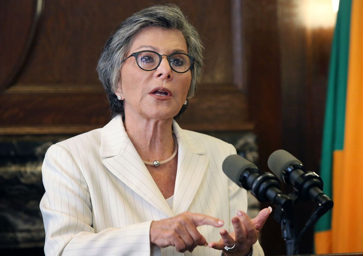 U.S. Sen. Barbara Boxer (D-Calif.), shown at a news conference in Los Angeles last week, narrates a new ad in support of California's Proposition 46 ballot initiative released Wednesday.
