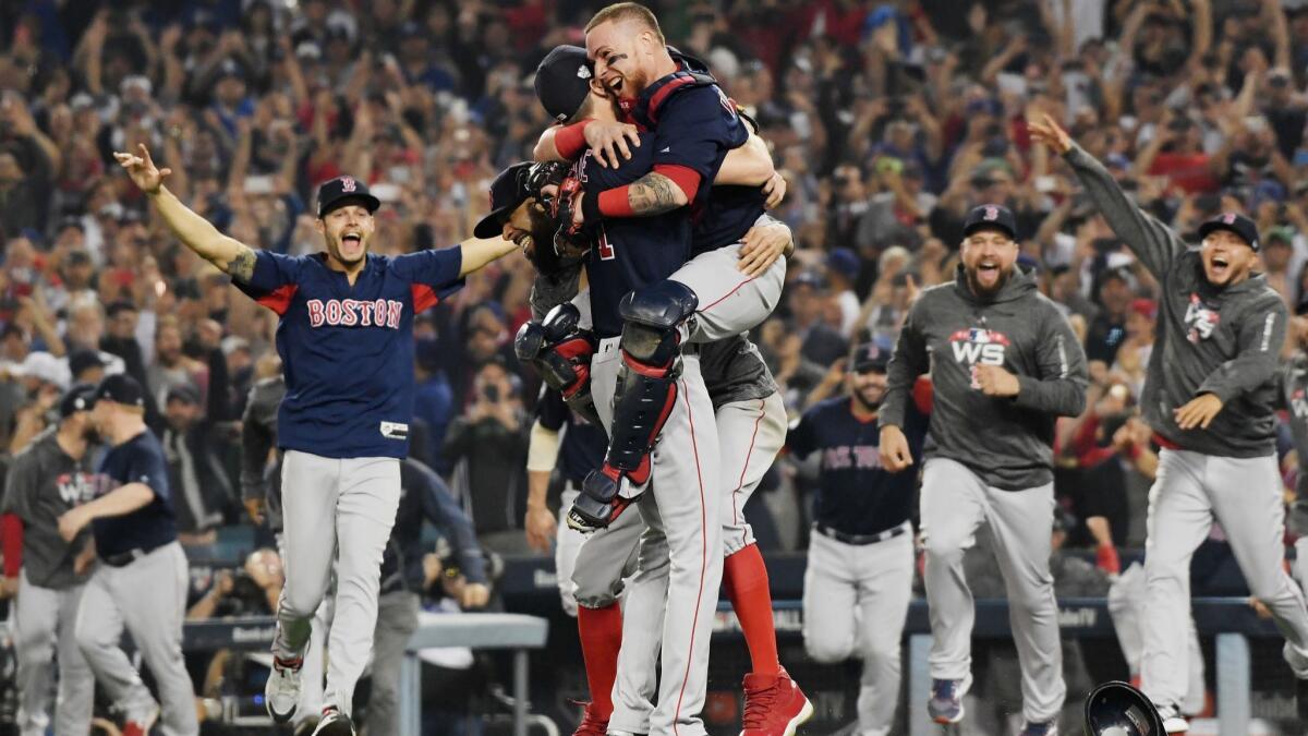 The Boston Red Sox celebrate their World Series victory.