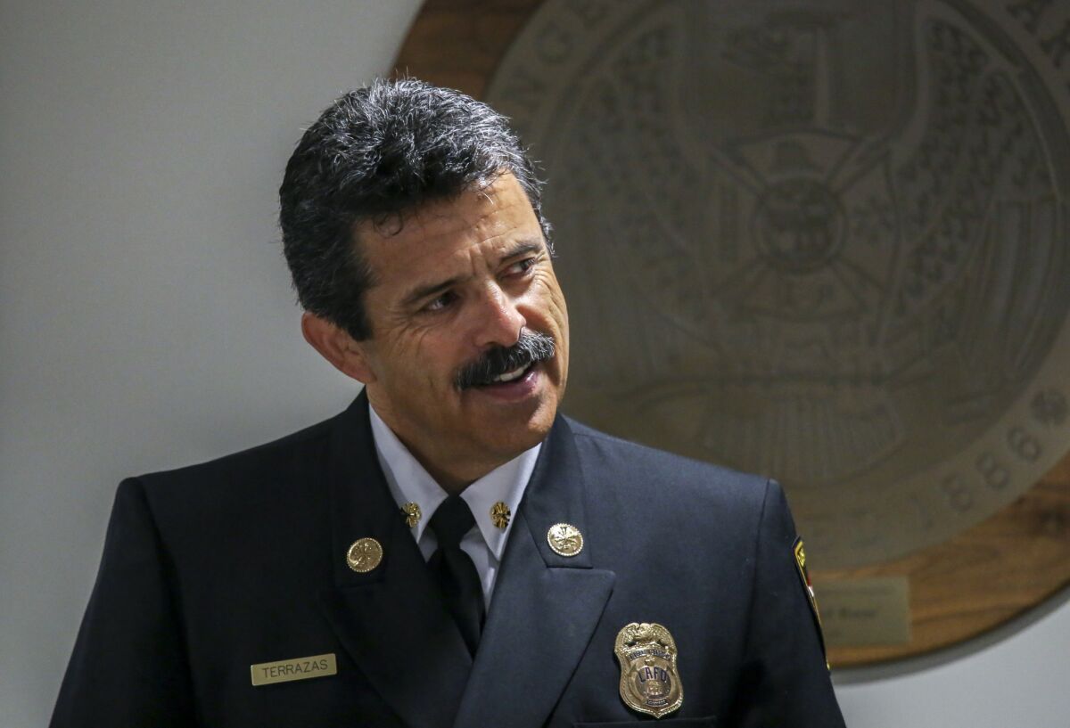 L.A. Fire Chief Ralph M. Terrazas attends the city Fire Commission meeting Tuesday. The Fire Commission voted 5 to 0 to reorganize the LAFD bureau responsible for ensuring that buildings meet fire-safety codes and to increase the number of inspectors.