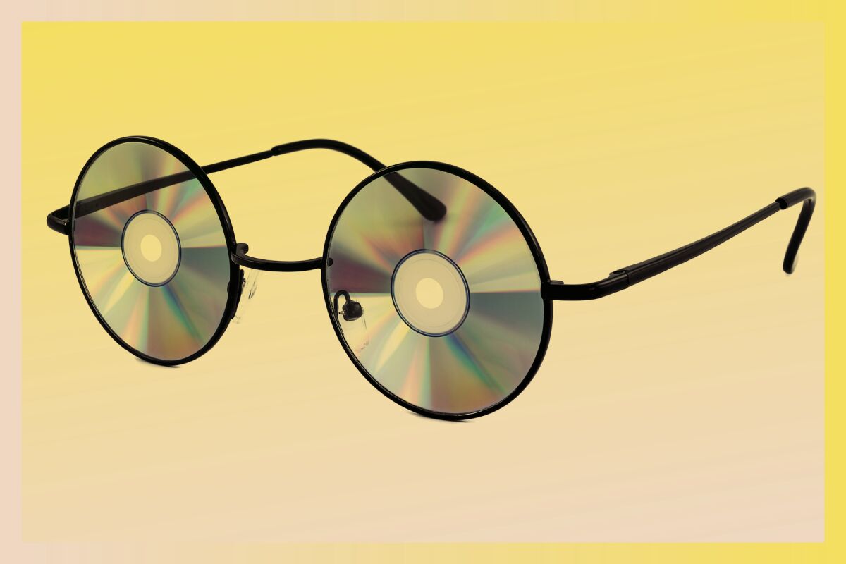 An illustration of sunglasses with music records for lenses.