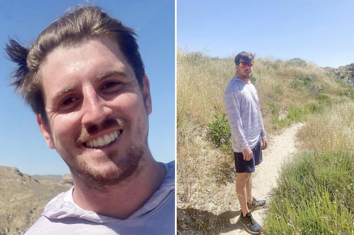 Side-by-side photos of missing hiker Trammell Evan, in close-up and in a wide view.