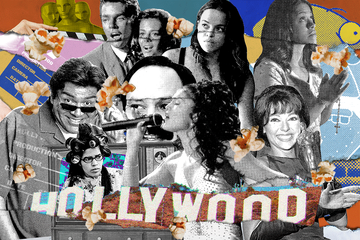 An animated gif shows a collage of Latino stars, including George Lopez, Selena and America Ferrera, with popping corn