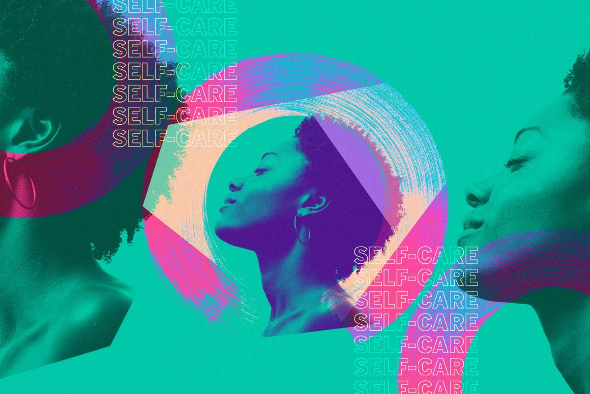 A photo illustration of a woman with the repeated phrase "self-care."