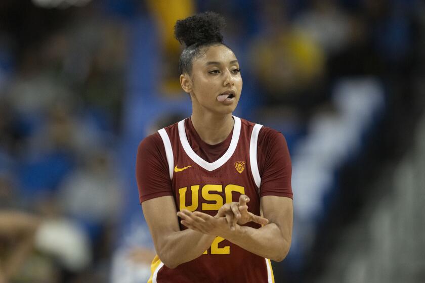 Southern California guard JuJu Watkins (12) celebrates her basket during an NCAA basketball game.